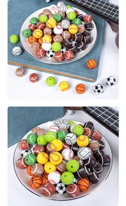 Macro shot of assorted sports ball silicone beads including football and basketball styles
