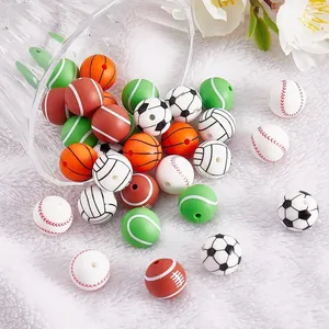 DIY 15mm silicone ball beads set including football and basketball sports patterns