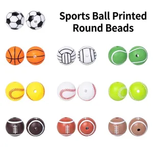 15mm sports silicone beads featuring football, basketball and tennis patterns for DIY crafts