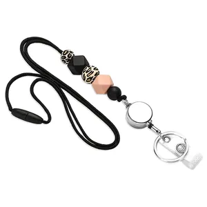 Retractable Silicone Beaded Lanyard For ID Badge Keys With Safety Breakaway Buckle Leopard Pattern Bead Keychain For Office