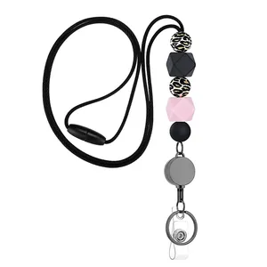 Retractable beaded silicone lanyard with leopard print beads and metal swivel hook