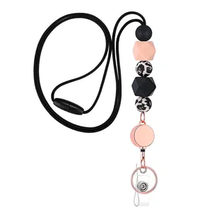 Retractable silicone beaded lanyard with leopard print for ID badges and keys