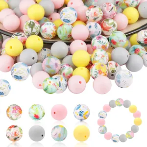 DIY silicone beads set with floral and solid colors for handmade jewelry crafting