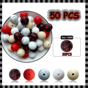Lot de 50 perles de Noël en silicone de 15mm pour la création de bijoux et bracelets