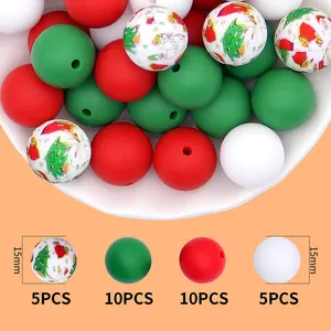 Vue détaillée du lot de perles de Noël en silicone de 15mm avec perles rondes tricolores