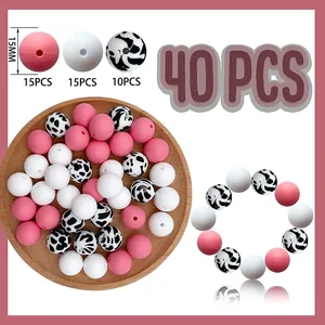 40pcs 15mm DIY silicone beads set in pink, white and cow print for jewelry making