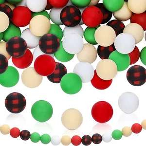 Kit de perles de Noël en silicone rouge, vert et motif à carreaux pour bijoux DIY