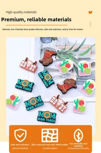 Close-up of food-grade silicone teething beads in cowboy boot and cactus shapes