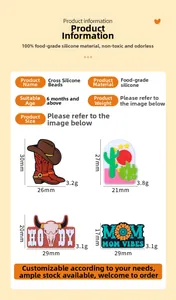 Detailed specs for silicone teething beads featuring cowboy boots and cactus themes