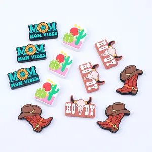 Western style silicone shoe charms set with cactus, boots, and MOM VIBES sunflower design