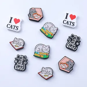 Cute cat silicone shoe charms for clogs featuring pizza and book reading kitten designs