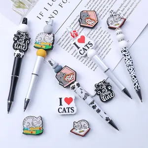 Cartoon cat silicone bead pens set featuring cute kitten charms and colorful beads