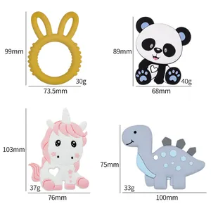 Detailed dimensions and weight for silicone baby teether in bear and unicorn shapes