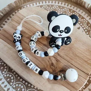 Silicone baby pacifier clip with cartoon panda and blue beads featuring LOUIS name