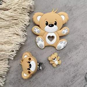 Food grade silicone baby teether set with bear shape and pacifier clip in khaki color