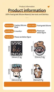 Size chart for cowboy themed food-grade silicone beads including cow and hat shapes