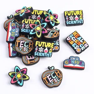 PVC science charms featuring atoms and future scientist text for footwear and accessories