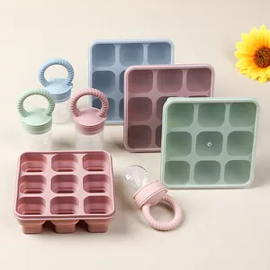 Detail of 9-compartment silicone freezer tray and fruit feeder set in macaron colors