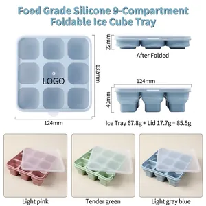Collapsible food grade 9-grid silicone ice cube tray with lid for space-saving storage