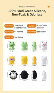 Size chart for 3D cartoon animal silicone beads including frog and dog bead dimensions