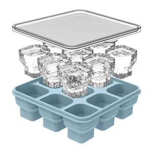 Foldable food-grade silicone ice cube tray with lid and 9 large square ice molds