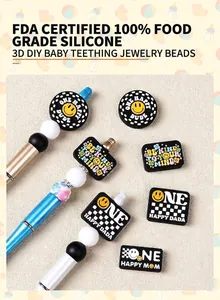 Macro detail of smiley face and checkered silicone beads for DIY baby teething jewelry