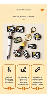 Detail of food-grade silicone beads on pen and keychain with smiley face and checker patterns