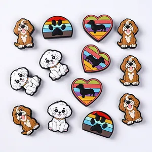 Set of 12 cute cartoon dog themed PVC shoe charms featuring Poodle and Dachshund patterns