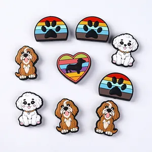 Set of 8 cute cartoon puppy silicone charms for shoes featuring dog paws and rainbow hearts