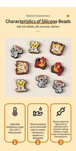Detail of colorful cartoon silicone beads featuring koala, bear, butterfly and bird icons