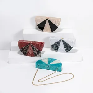Semi Circle Acrylic Evening Clutch Bag Marble Pattern Geometric Patchwork Gold Chain Shoulder Handbag For Women Wedding Party