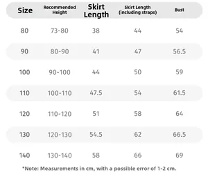 Size chart for girls strawberry A-line dress showing heights from 73cm to 140cm
