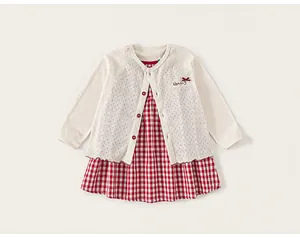Detail of baby girl outfit with strawberry gingham dress and knit cardigan embroidery