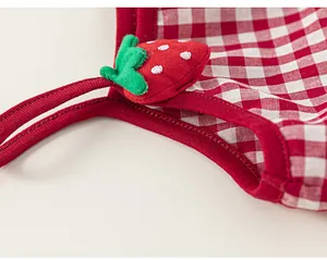 Detailed macro view of red gingham dress fabric with 3D strawberry charm and strap