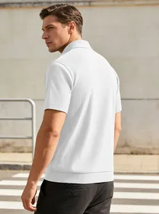 Detailed close-up of white men's short sleeve corduroy polo shirt with vertical texture