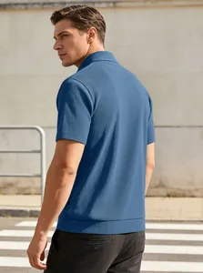 Detailed view of ultramarine blue ribbed corduroy polo shirt with premium stand collar