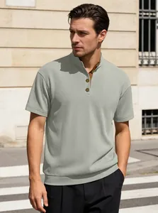 Close-up of ribbed knit texture on men's stand collar short sleeve corduroy pullover