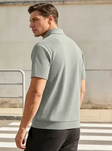 Detail of sage green ribbed knit polo shirt featuring vertical textured fabric on men's top