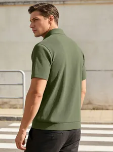 Detail showing back texture of men's olive green corduroy short sleeve polo shirt