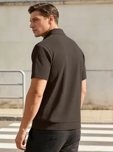 Detail of men's ribbed knit corduroy polo with short sleeves and stand-up collar