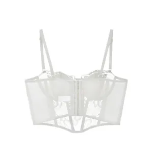 Detailed back view of white lace bustier corset with multi-hook eye closure and sheer mesh