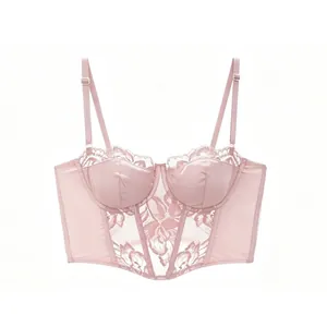 French retro pink lace bustier top with floral embroidery and satin V-shape hemline