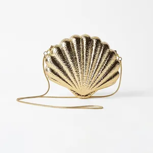 Shell Shaped Evening Clutch Bag Metal Texture Hard Shell With Detachable Chain Strap For Party Wedding Banquet Women