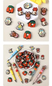 Detail of Easter silicone beads featuring rabbits, carrots, and gnomes on DIY pens