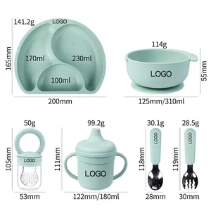Detailed dimensions and capacities for mint green silicone baby feeding set with weights