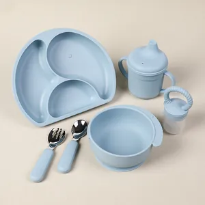 Macro view of 6-piece baby silicone feeding set including suction bowl and plate