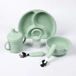 Green 6-piece silicone baby feeding set with suction plate, bowl, cup and cutlery
