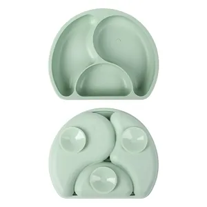 Mint green silicone baby divided plate with suction cups and BPA free markings