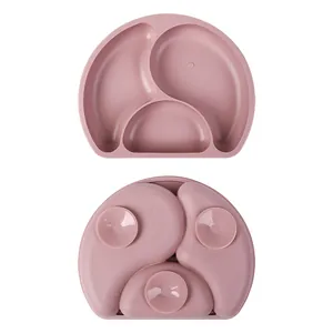Pink silicone divided elephant baby plate with three suction cups and BPA free material