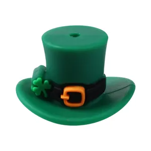 Grüner 3D-Kleeblatt-Hut aus Silikon als Strohhalm-Schutz für St. Patrick's Day